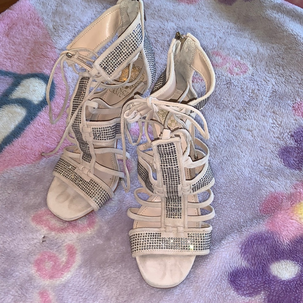 Vince Camuto sparkly rhinestone strappy lace up nude suede high heel shoes